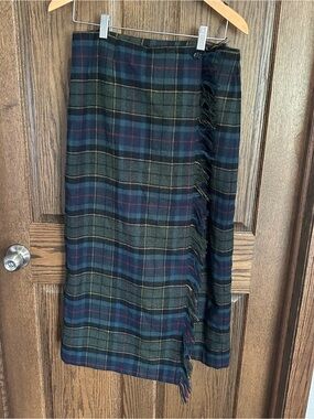 Studio Works Green and Navy Plaid Midi Skirt